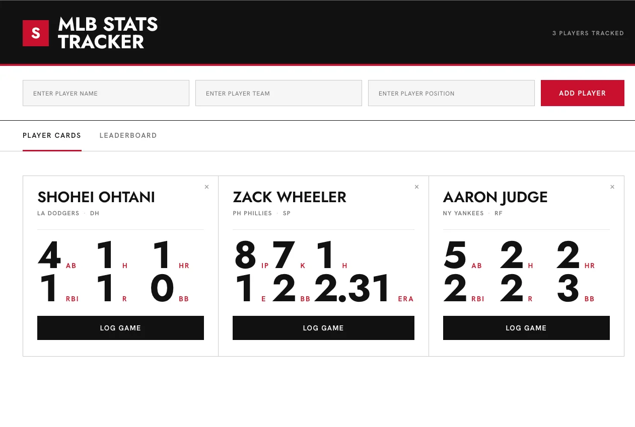 MLB Stats Tracker showing a player's hitting statistics